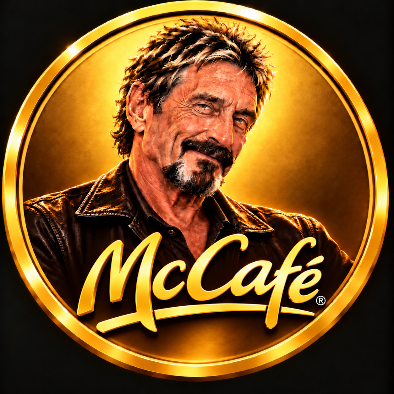 The official John McCafé golden coin, with John's mischievous grin and black leather jacket